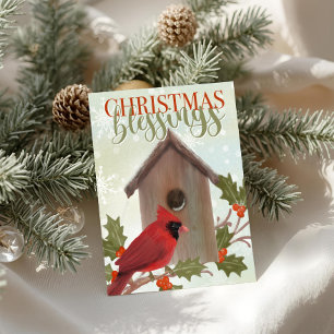 Christmas Blessings Cardinal and Birdhouse Card