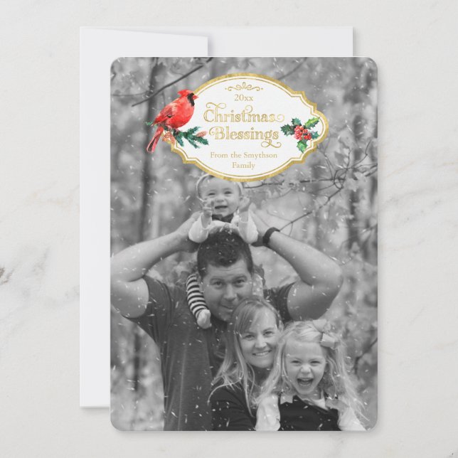 Christmas Blessings Cardinal Holly Tree Holiday Card (Front)