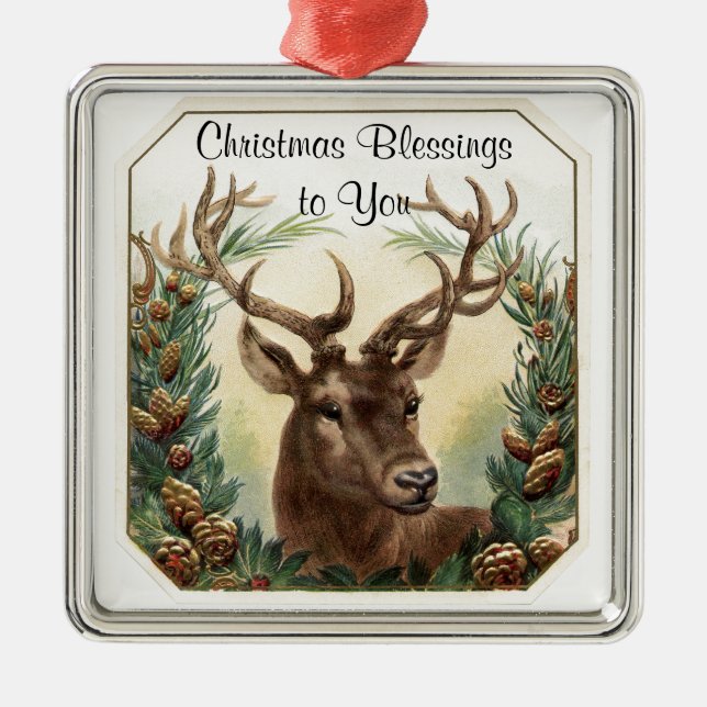 Christmas Blessings Deer Metal Ornament (Front)