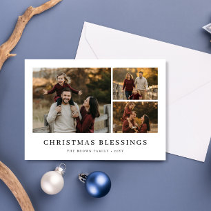 Christmas Blessings Family 3 Photo Minimalist Holiday Card