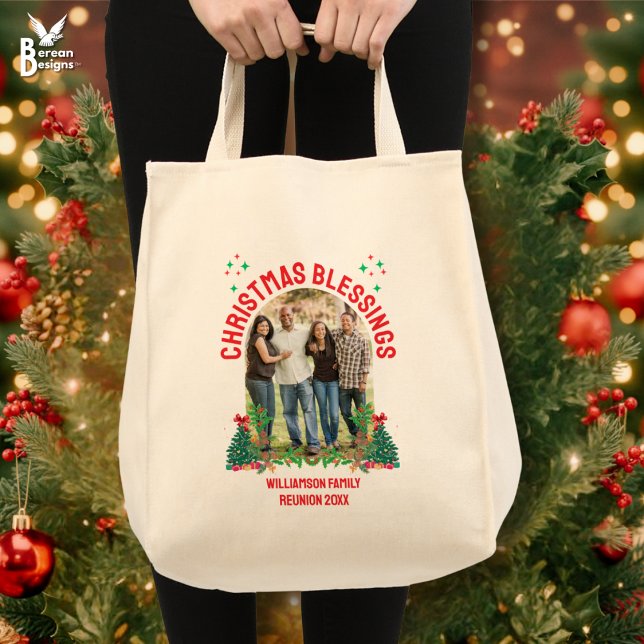 CHRISTMAS BLESSINGS FAMILY REUNION Matching Group  Tote Bag (Christmas Blessings Family Reunion Tote Bag with custom photo and text. Great family gift bag.)
