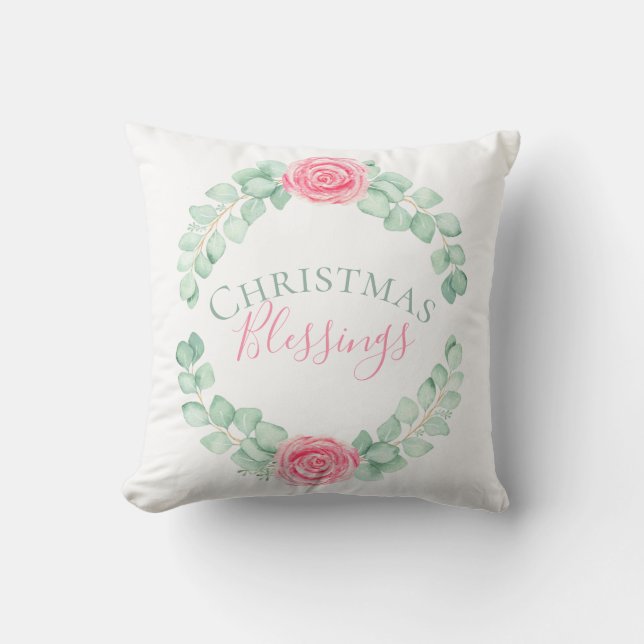 Christmas Blessings Floral Eucalyptus Watercolor Throw Pillow (Front)