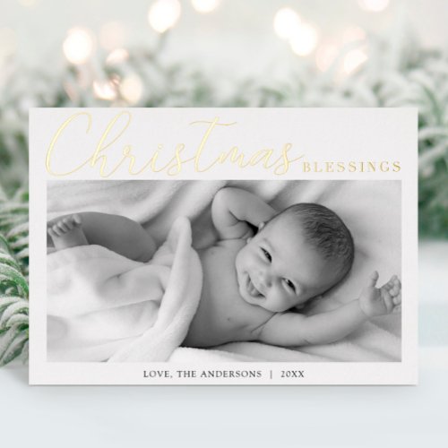 Christmas Blessings gold foil newborn baby photo Foil Holiday Card