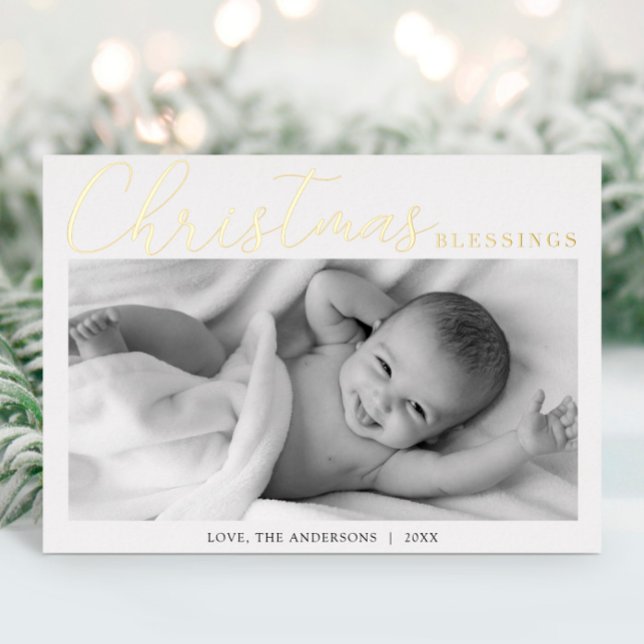Christmas Blessings gold foil newborn baby photo Holiday Card (Creator Uploaded)