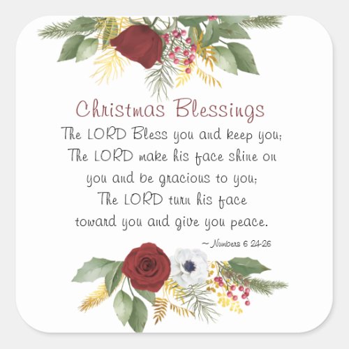 Christmas Blessings Lord Bless You Winter Floral Square Sticker