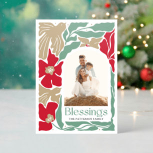 Christmas Blessings Modern Floral Family Holiday Letterpress Photo Cards