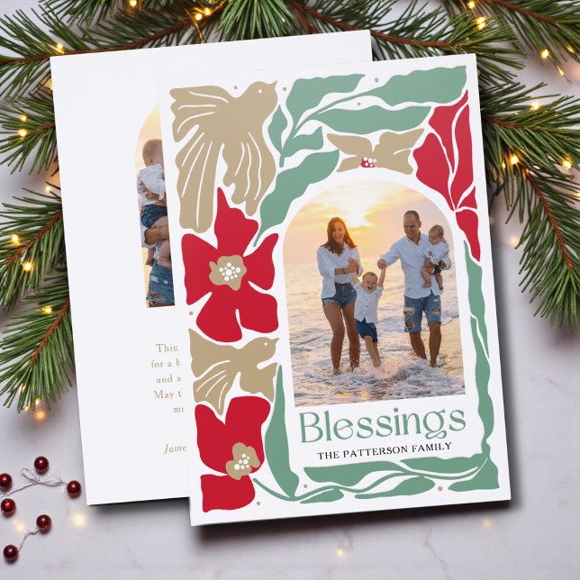 Christmas Blessings Modern Floral Family Holiday Letterpress Photo Cards (Creator Uploaded)