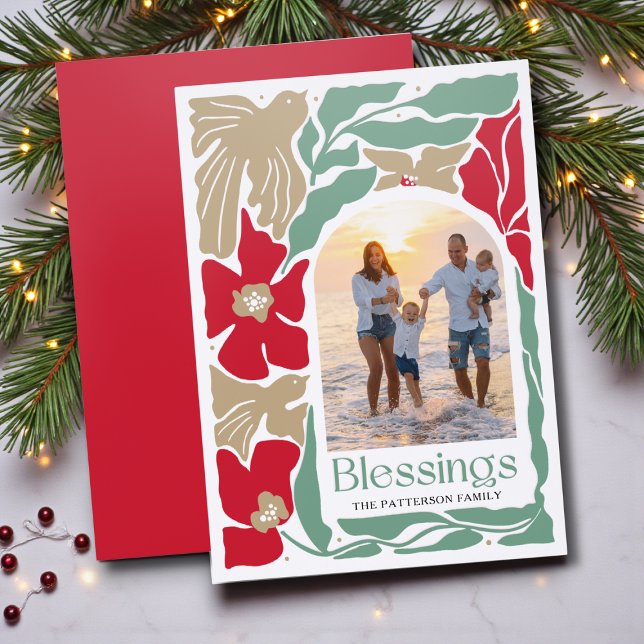 Christmas Blessings Modern Floral Family Holiday Letterpress Photo Cards (Creator Uploaded)