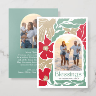 Christmas Blessings Modern Floral Family Holiday Letterpress Photo Cards