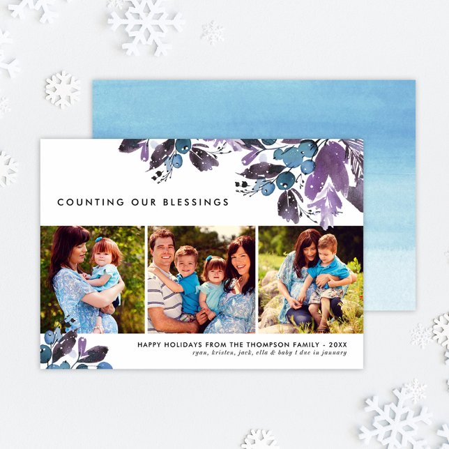 Christmas Blessings Modern Floral Photo Collage Holiday Card (Creator Uploaded)