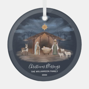 Christmas Blessings Nativity Christian Glass Ornament