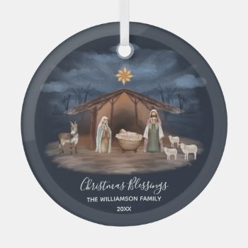 Christmas Blessings Nativity Christian Glass Ornament by artinspired at Zazzle