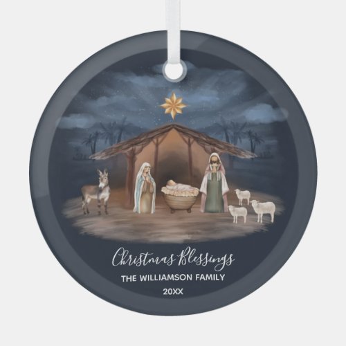 Christmas Blessings Nativity Christian Glass Ornament