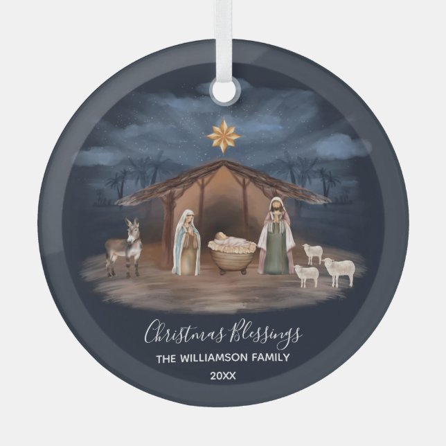 Christmas Blessings Nativity Christian Glass Ornament (Front)