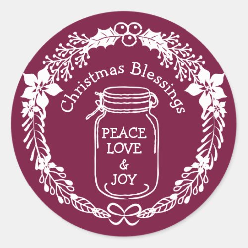 Christmas Blessings Peace Love Joy Mason Jar Classic Round Sticker