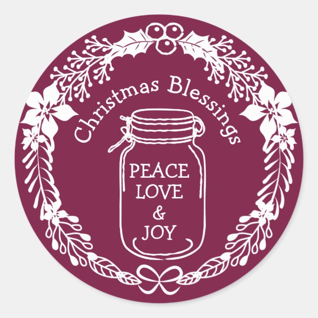 Christmas Blessings Peace Love Joy Mason Jar Classic Round Sticker (Front)