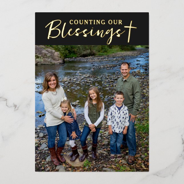 Christmas Blessings Photo Cross Script Faith Black Foil Holiday Card (Front)