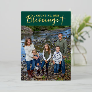 Christmas Blessings Photo Cross Script Faith Green Foil Holiday Card