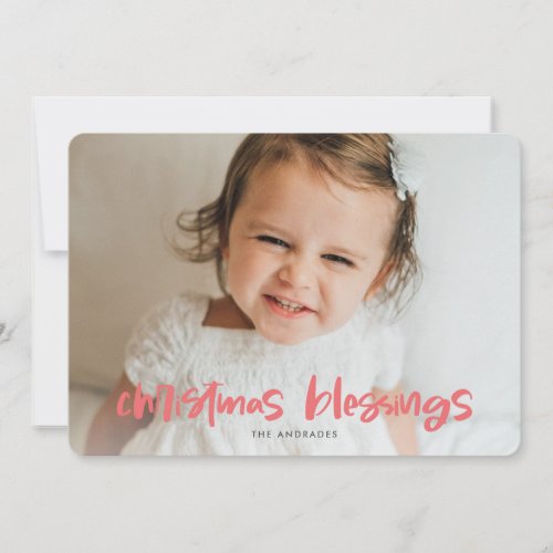 Christmas Blessings Photo Pink Simple Modern Kids Holiday Card
