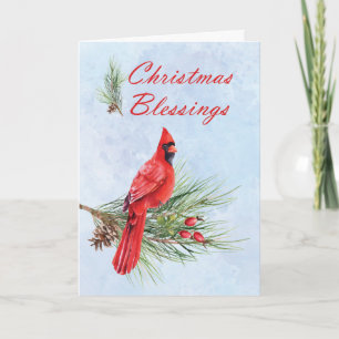 Christmas Blessings Red Cardinal on Pine Bough Card