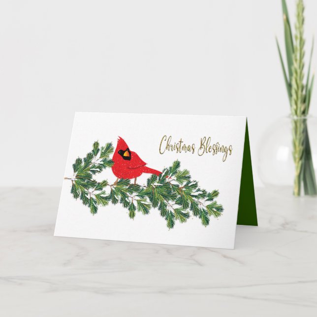 Christmas Blessings  Red Cardinal on Pine Branch Holiday Card (Front)