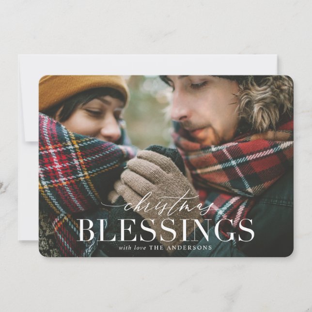 Christmas blessings red plaid photo card (Front)