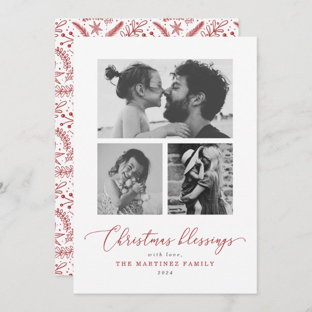 Christmas Blessings Red Script Multiple Photo Holiday Card (Front/Back)