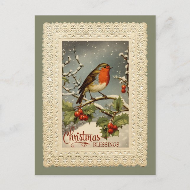 Christmas Blessings Robin Vintage Reproduction Postcard (Front)