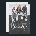 Christmas blessings rustic 3 photos chalkboard holiday card<br><div class="desc">Family seasonal holiday greetings 3 photo collage card on a dark grey charcoal chalkboard background with falling snow and "Christmas Blessings" white chic calligraphy script.        Easy to personalize with your photos and text!</div>