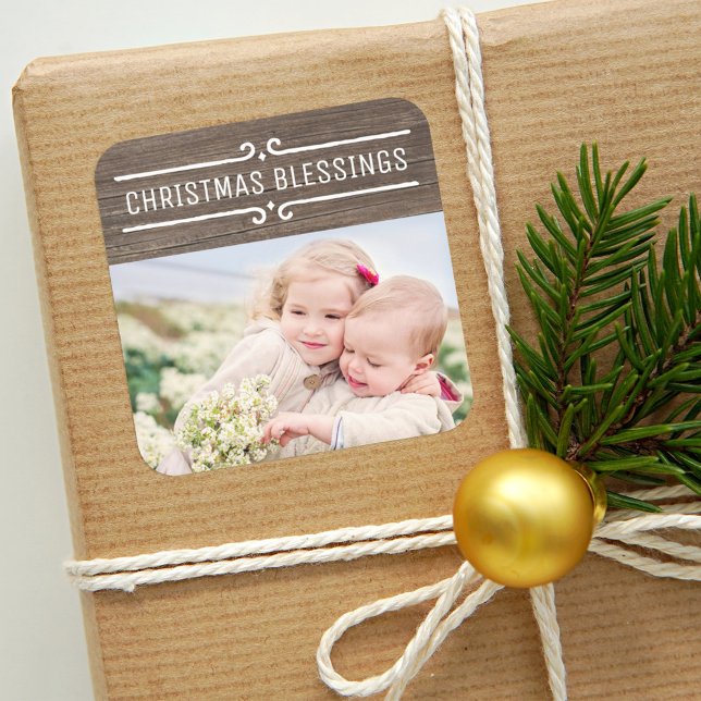 Christmas Blessings Rustic Wood Holiday Photo Square Sticker (Creator Uploaded)