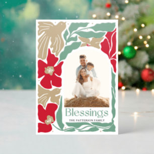 Christmas Blessings Sage Floral Family Photo Letterpress Photo Cards