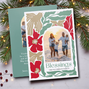 Christmas Blessings Sage Floral Family Photo Letterpress Photo Cards