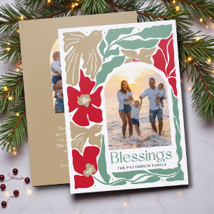 Christmas Blessings Sage Red Floral Family Photo Letterpress Photo Cards