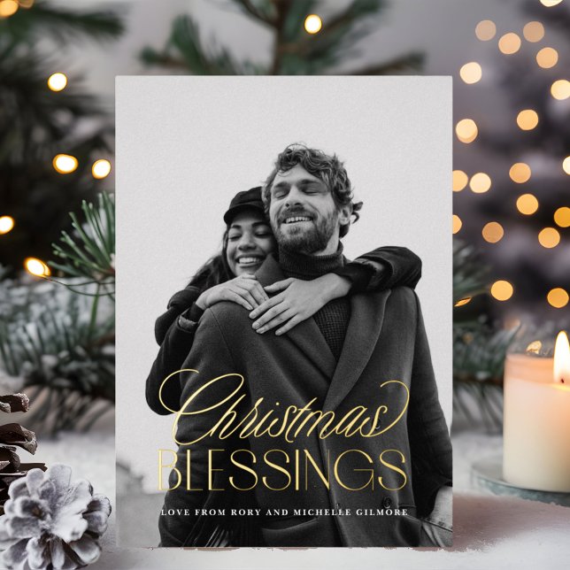Christmas Blessings Stylish Text Overlay 1-Photo Foil Holiday Card (Christmas Blessings gold foil text overlay Christmas photo card)
