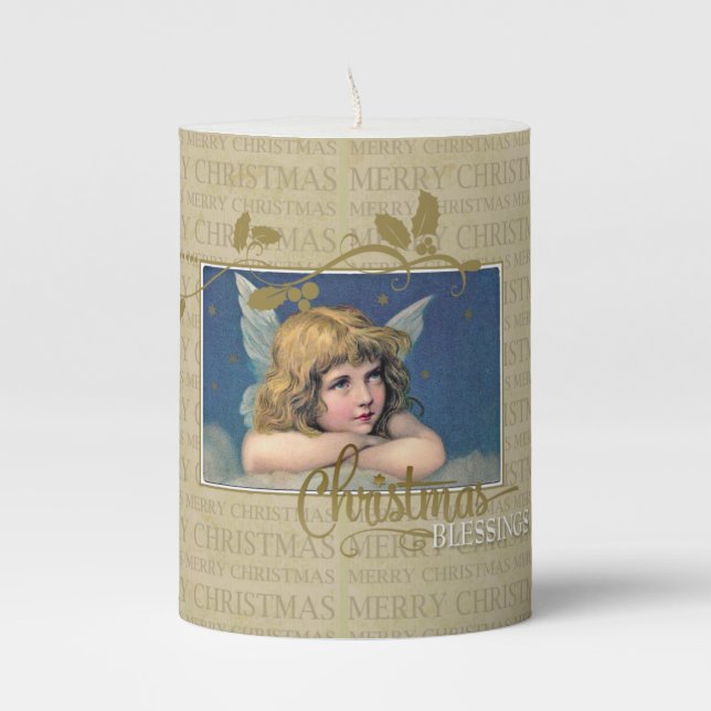 Christmas Blessings Vintage Angel Pillar Candle (Front)