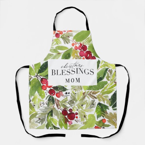 Christmas Blessings watercolor foliage Apron