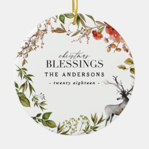Christmas Blessings watercolor foliage Holiday Ceramic Ornament