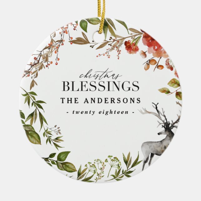 Christmas Blessings watercolor foliage Holiday Ceramic Ornament (Front)