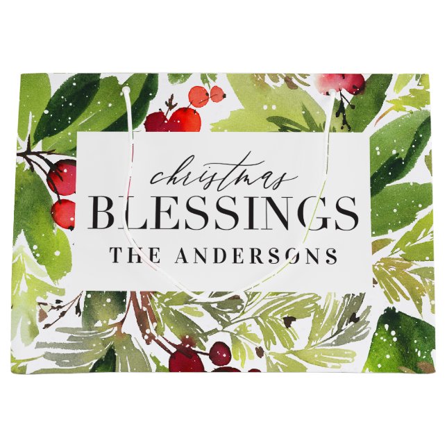 Christmas Blessings watercolor foliage personalize Large Gift Bag (Front)