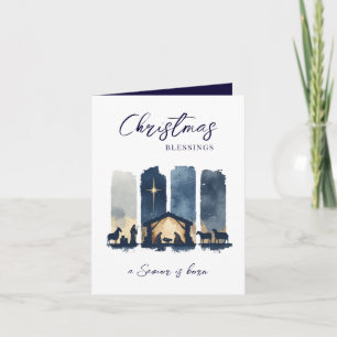Christmas Blessings Watercolor Nativity Scene Holiday Card