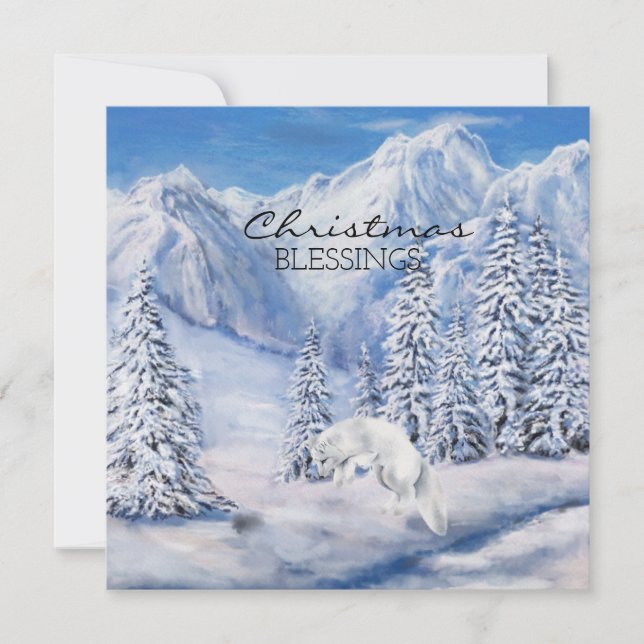 Christmas Blessings Winter Landscape and White Fox Card (Front)