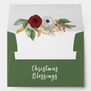 Christmas Blessings Winter Rose Floral Green Envelope