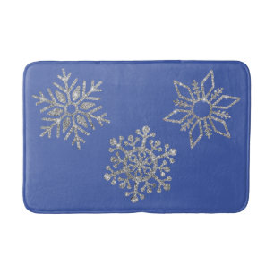 Christmas Bling Silver Snowflakes on Blue Bath Mat