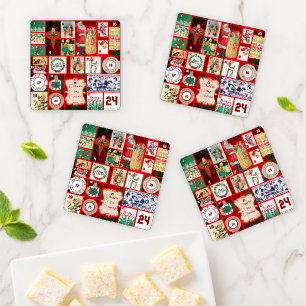 Christmas Block Advent Illustration Square Art Coaster Set