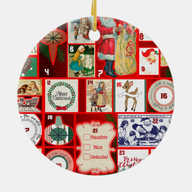 Christmas Block Illustration Squares Ceramic Ornament (Back)