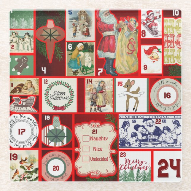 Christmas Block Illustration Squares Glass Coaster (Front)