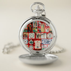 Christmas Block Illustration Squares Pocket Watch