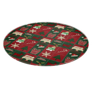 Christmas Blocks-12in Round GLASS CUTTING BOARD