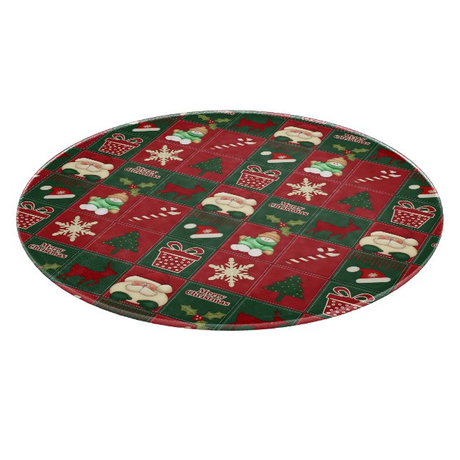 Christmas Blocks-12in Round GLASS CUTTING BOARD (Corner)