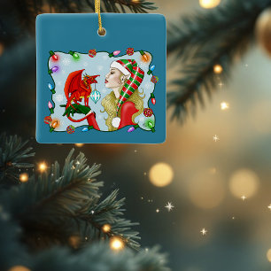 Christmas Blonde Elf Red Dragon Fantasy Ceramic Ornament